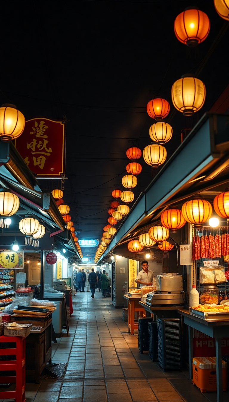 Minimalist Night Street Stalls Lanterns Photorealistic Wallpaper