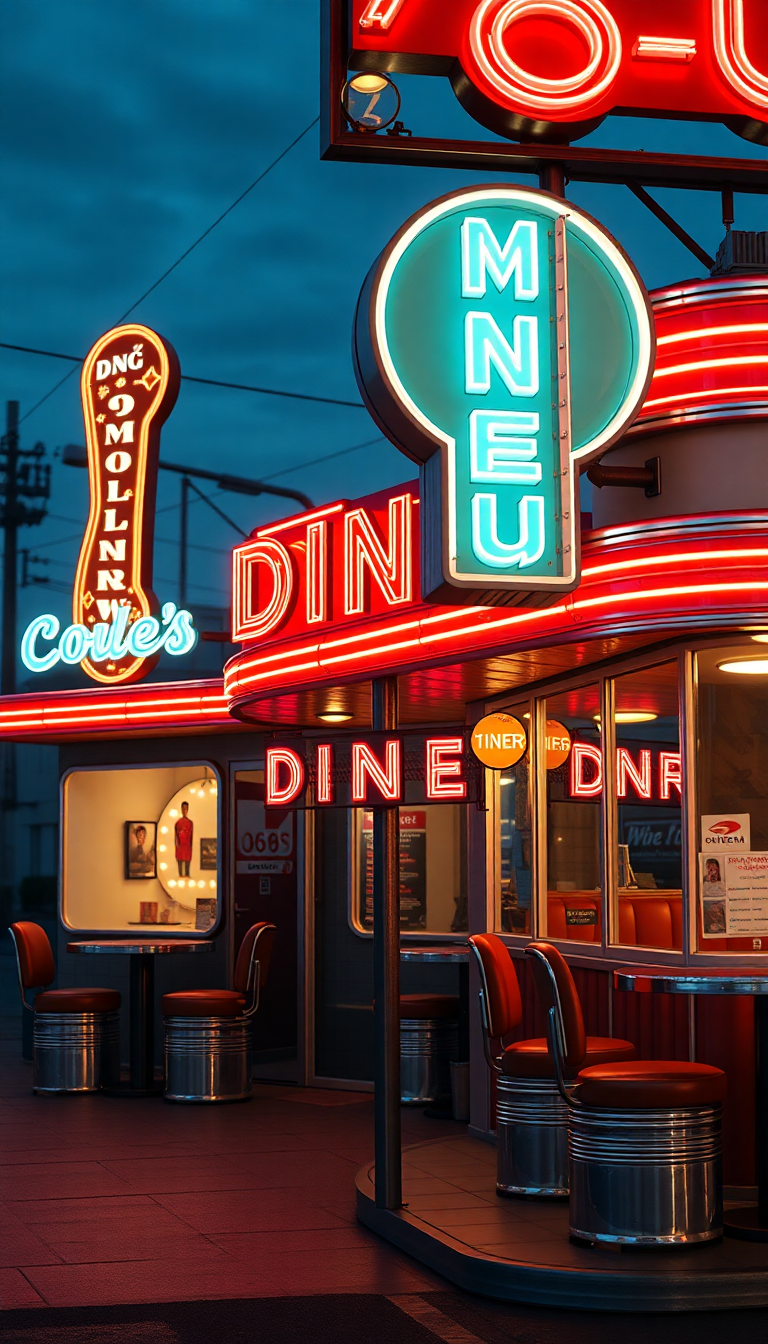 Retro Diner Neon Signs Chrome Photorealistic Wallpaper