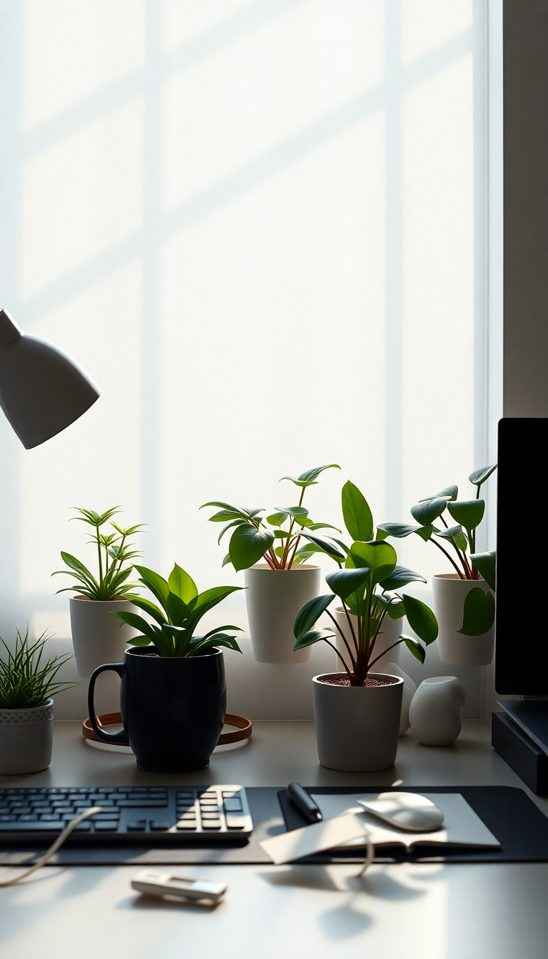 Dramatic Desk Setup Plants Morning Photorealistic Wallpaper