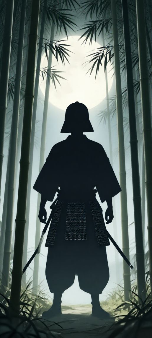 Vintage Samurai Silhouette Moonlit Bamboo Forest Wallpaper