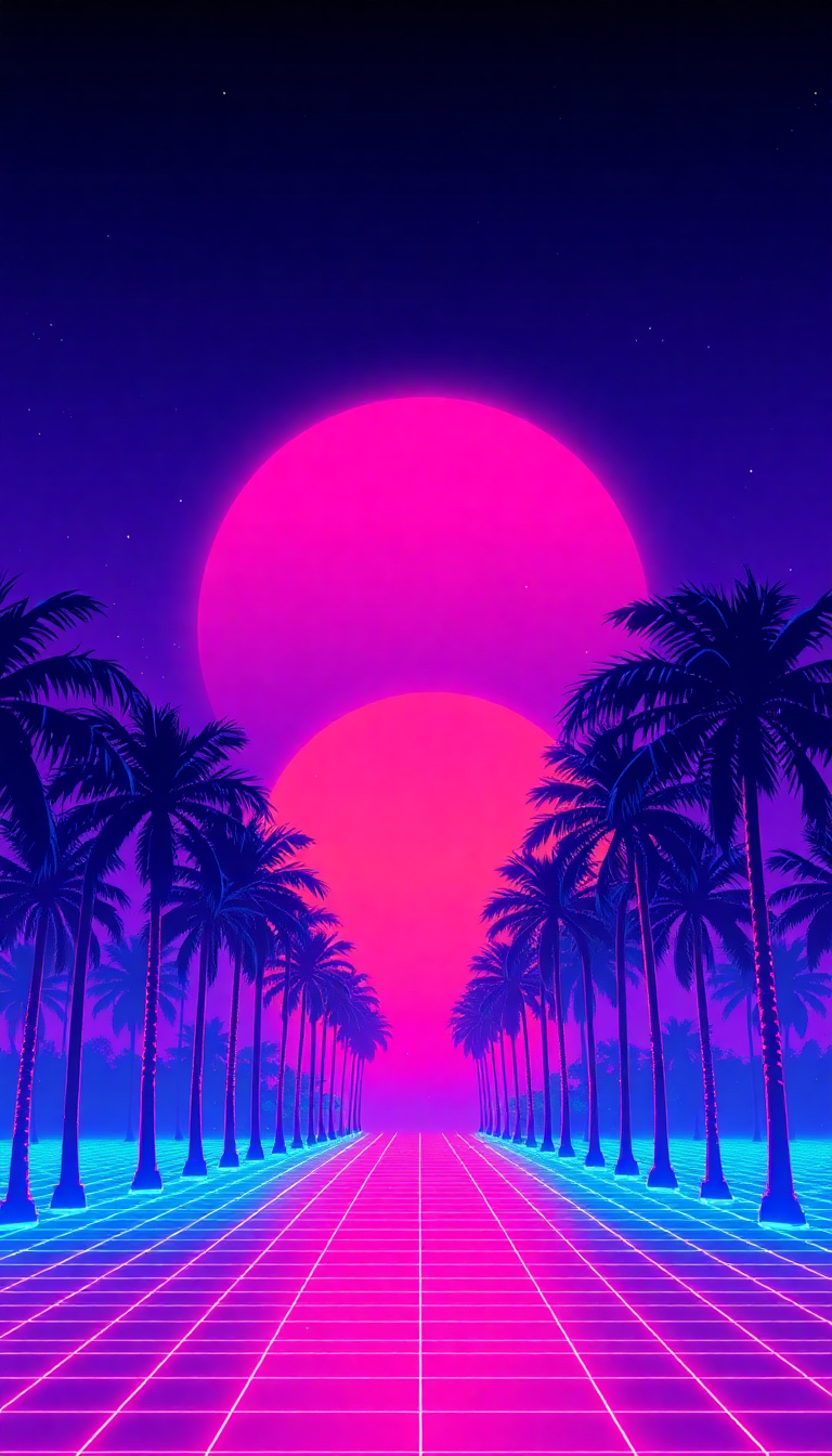 80s Synthwave Grid Sunset Palm Trees Digital art New Wallpaper