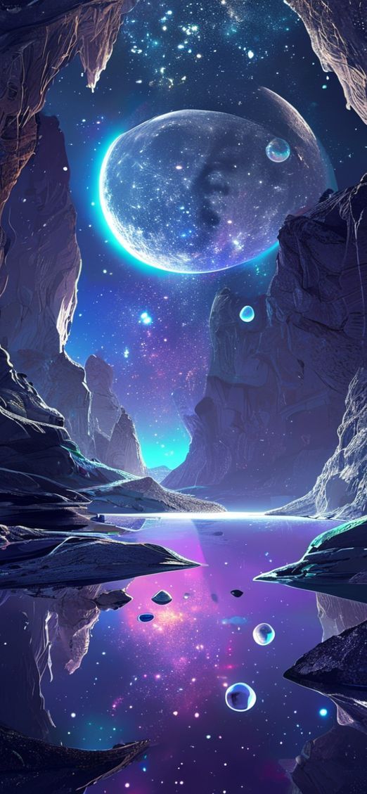 Enchanting Caves Alien Moon Reflecting Starlight Wallpaper