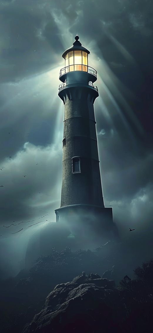 Photorealistic Twilight Lighthouse Beam Cutting Wallpaper