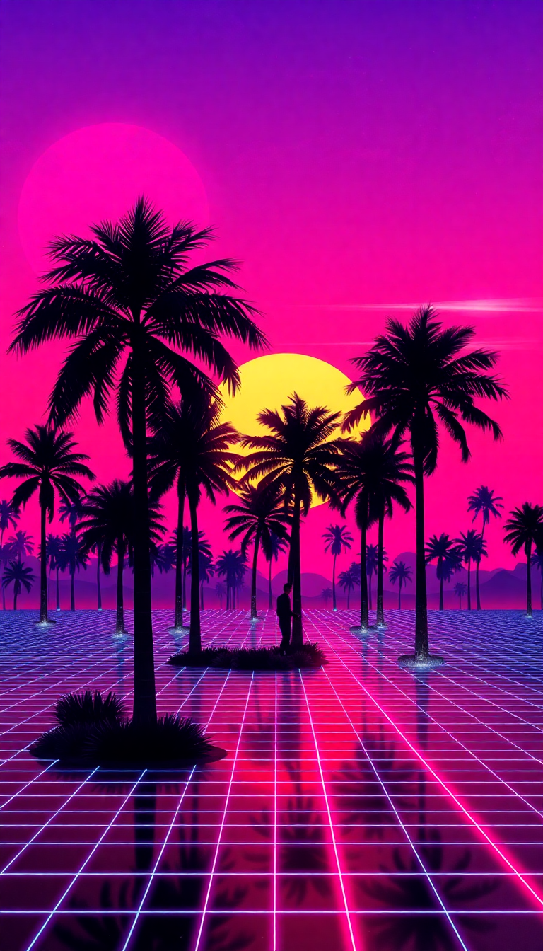 80s Synthwave Grid Sunset Palm Digital art Wallpaper