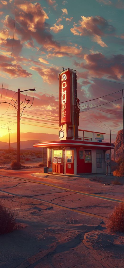 Old Gas Station Desert Route Sunset Photorealistic Classic Wallpaper
