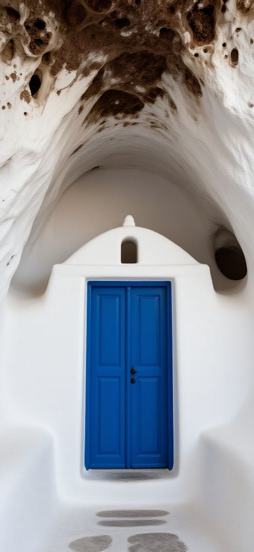 Cave House Santorini White Walls Blue Photorealistic Remaster Wallpaper