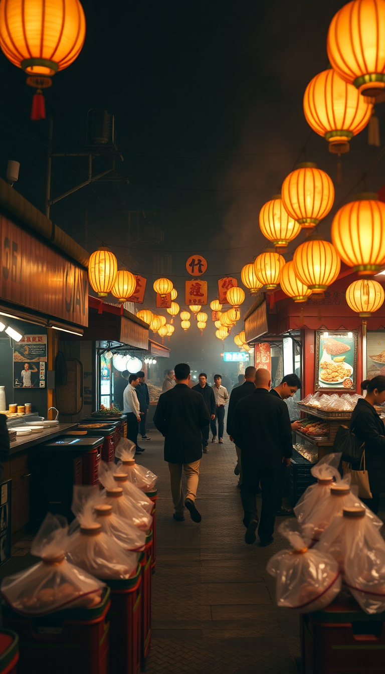 Dynamic Market Street Food Stalls Photorealistic Wallpaper