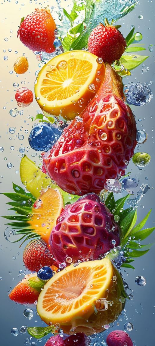 Classic Fruit Splash Water Droplets Colorful Wallpaper
