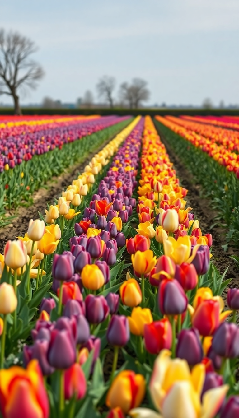 Monochrome Rustic Tulip Field Rows Wallpaper