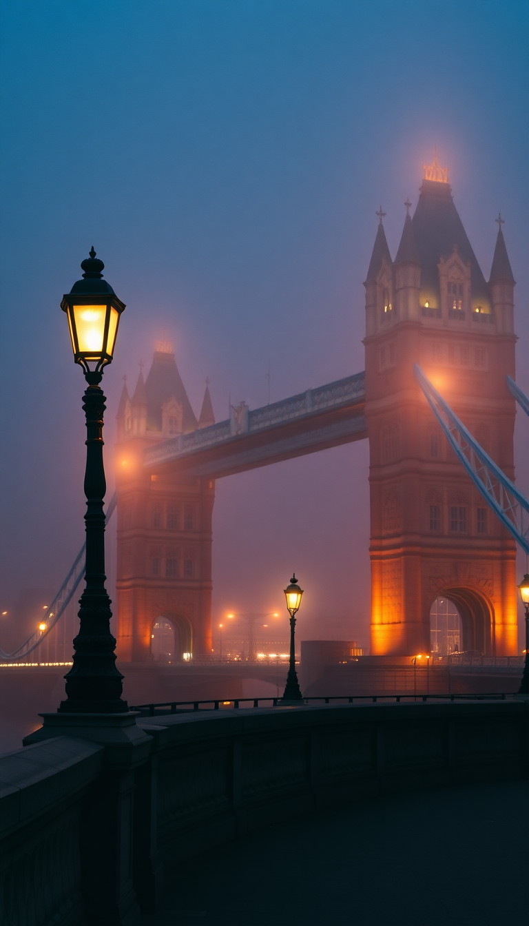 Foggy London Bridge Vintage Lampposts Night Photorealistic Pro Wallpaper