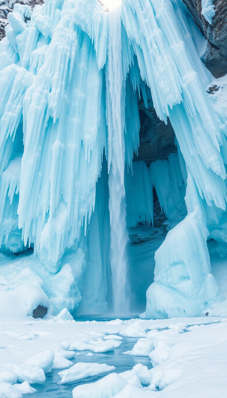 Frozen Waterfall Ice Formations Winter Blue Photorealistic Premium Wallpaper