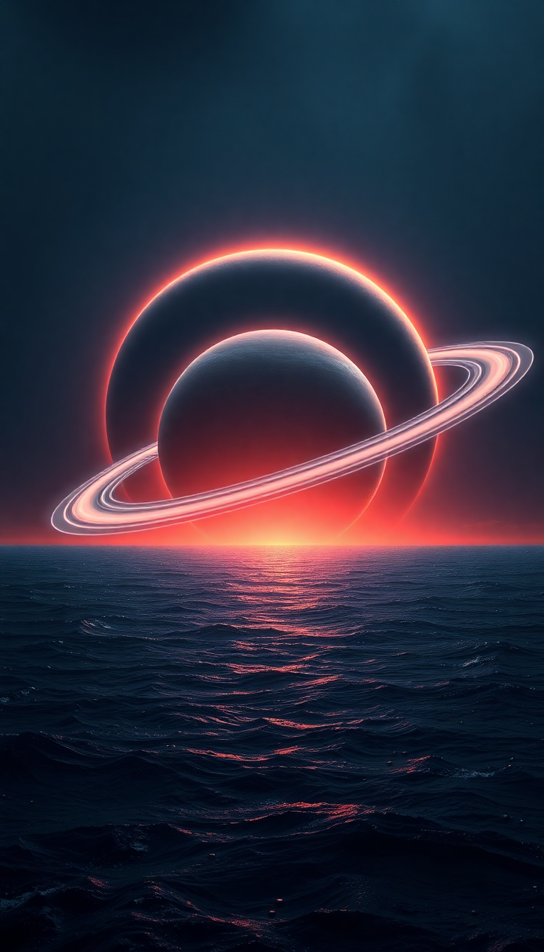 Massive Ringed Planet Rising Over Photorealistic Wallpaper