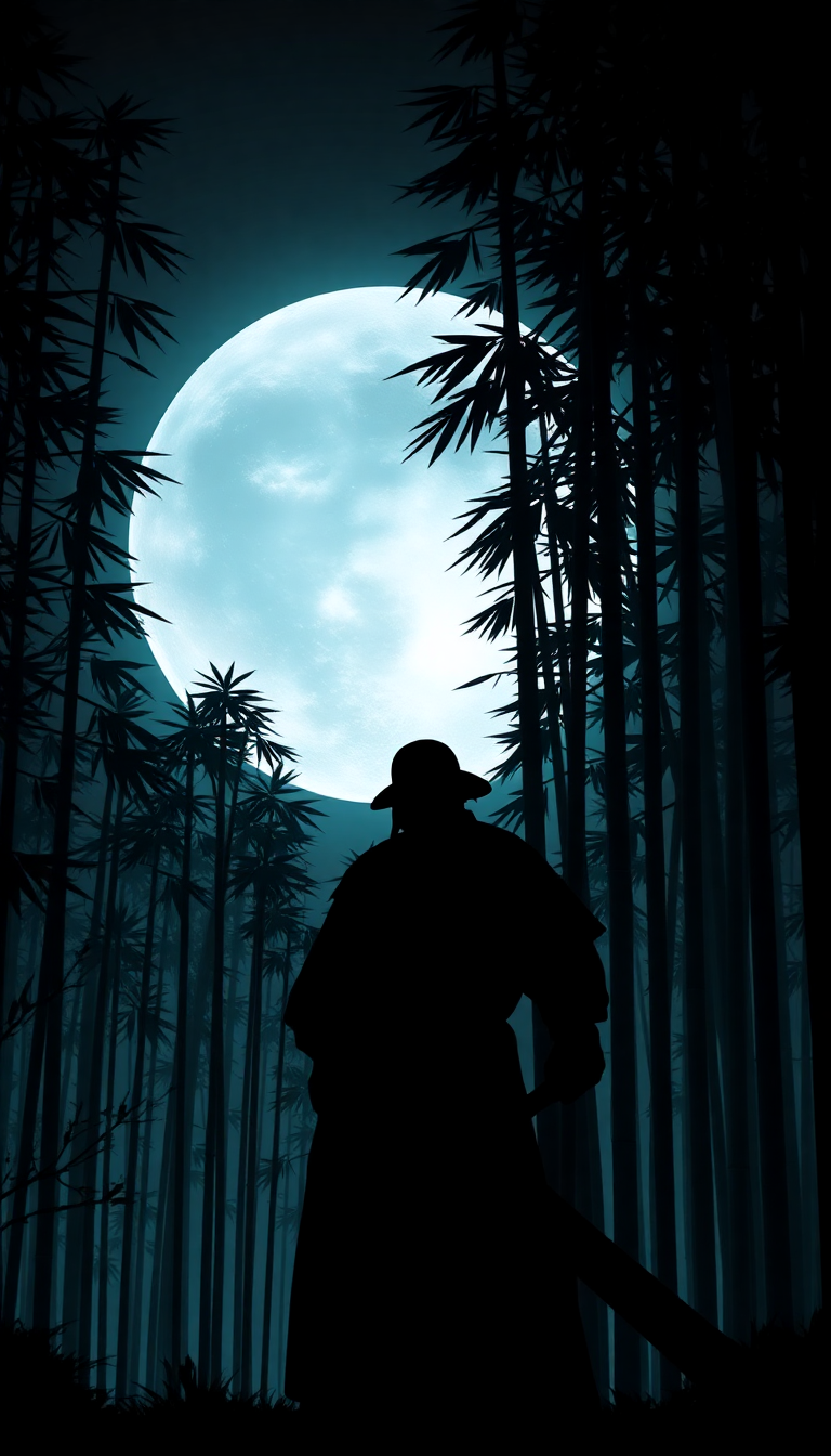 Samurai Silhouette Moonlit Bamboo Forest Digital art Wallpaper