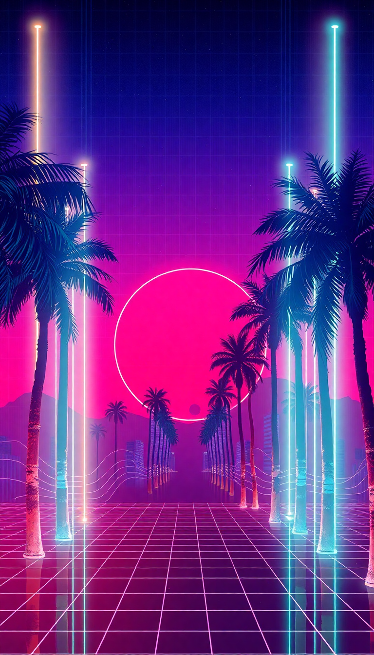Solar 80s Synthwave Grid Sunset Palm Wallpaper