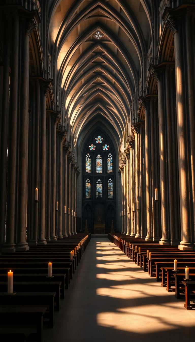 Gothic Cathedral Interior Candlelight Shadows Photorealistic 4K Wallpaper