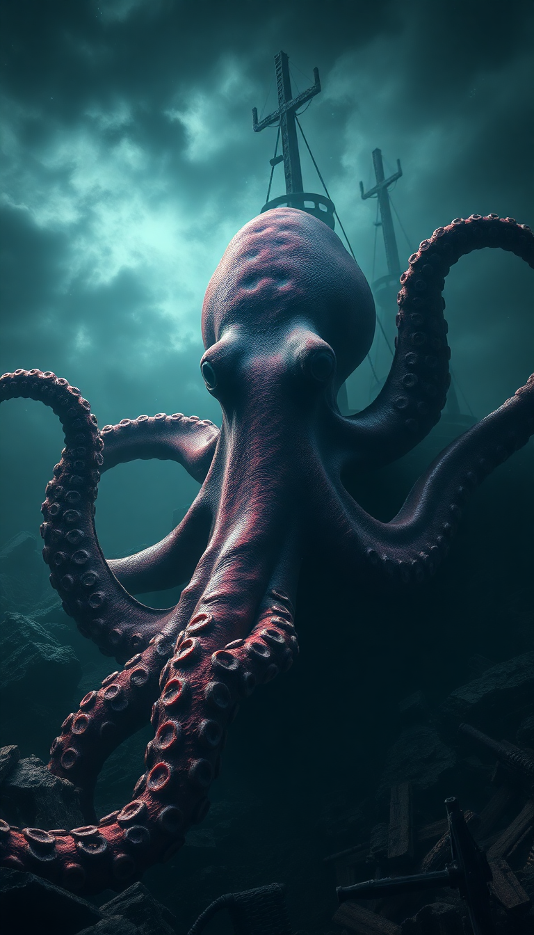 Giant Octopus Shipwreck Deep Ocean Dramatic Digital art Exclusive Wallpaper