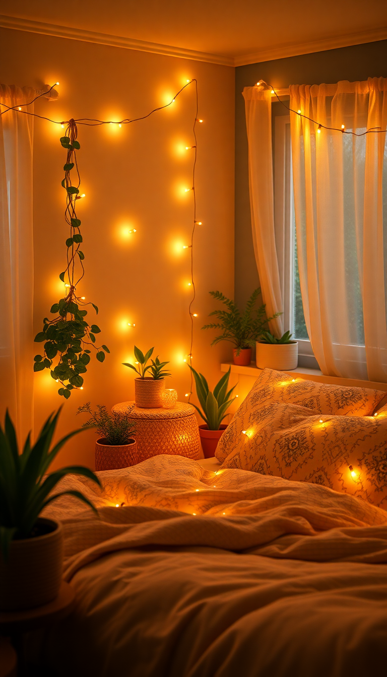 Indie Bedroom Fairy Lights Plants Photorealistic Wallpaper