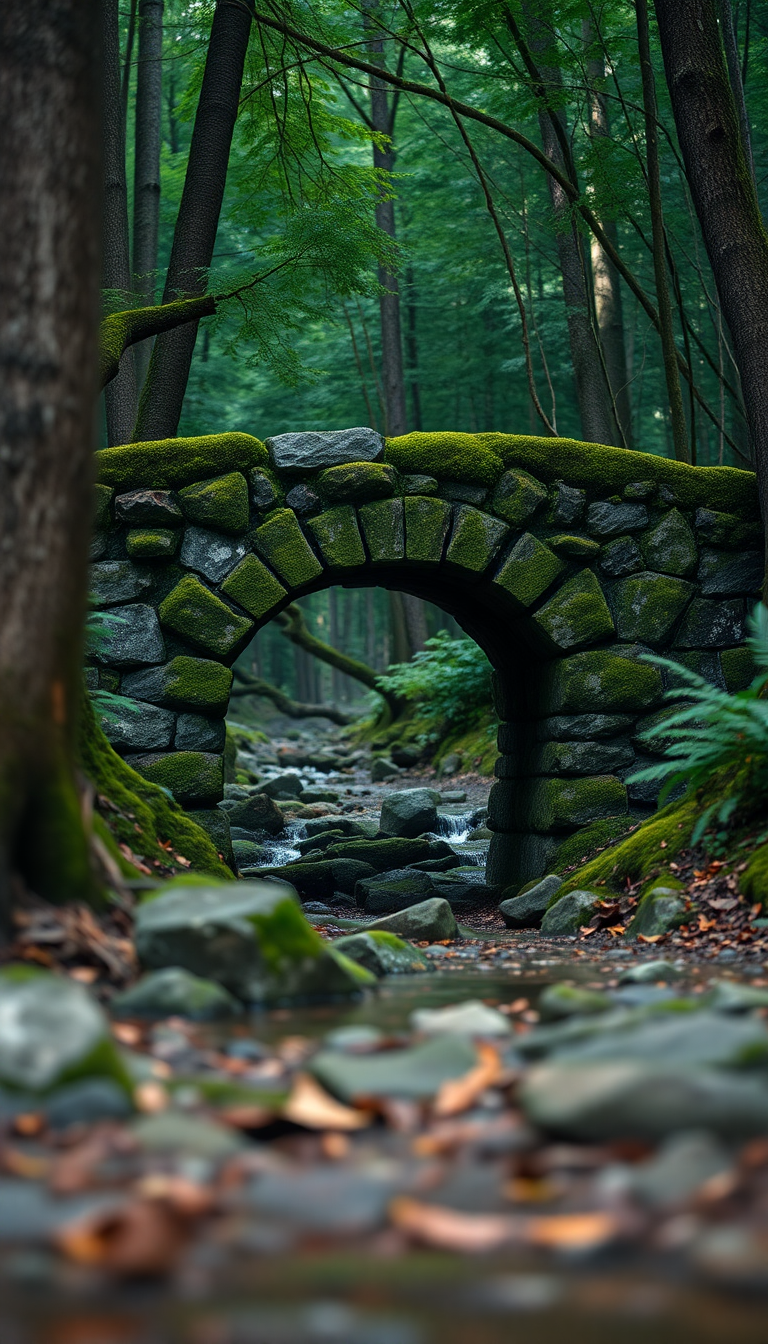 Matte Ancient Stone Bridge Forest Stream Wallpaper