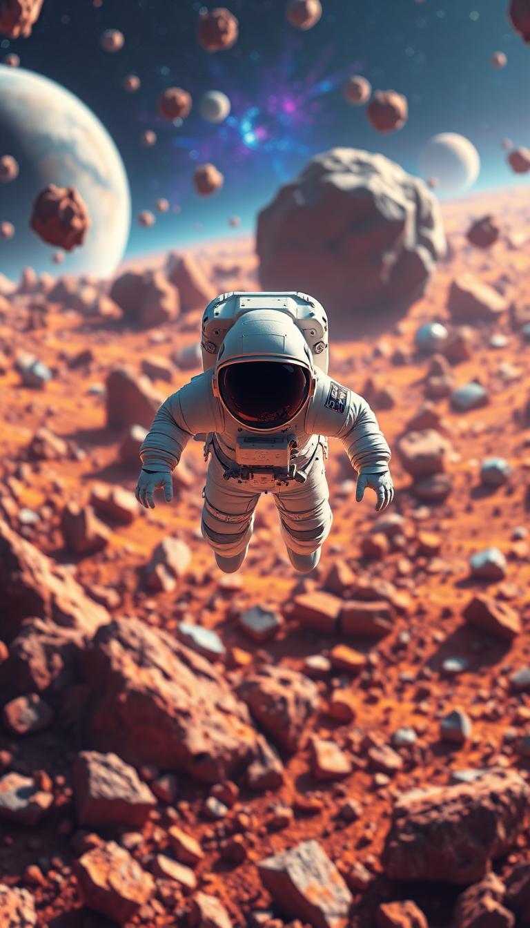Astronaut Floating Through Colorful Asteroid Field Digital art Special Wallpaper