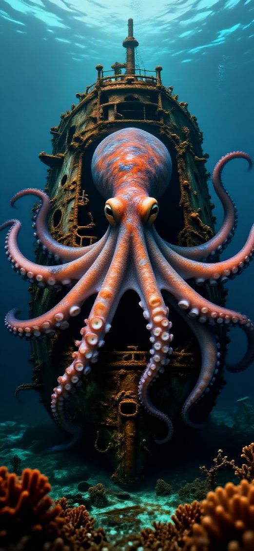 Intense Ocean Deep Shipwreck Octopus Digital art Wallpaper