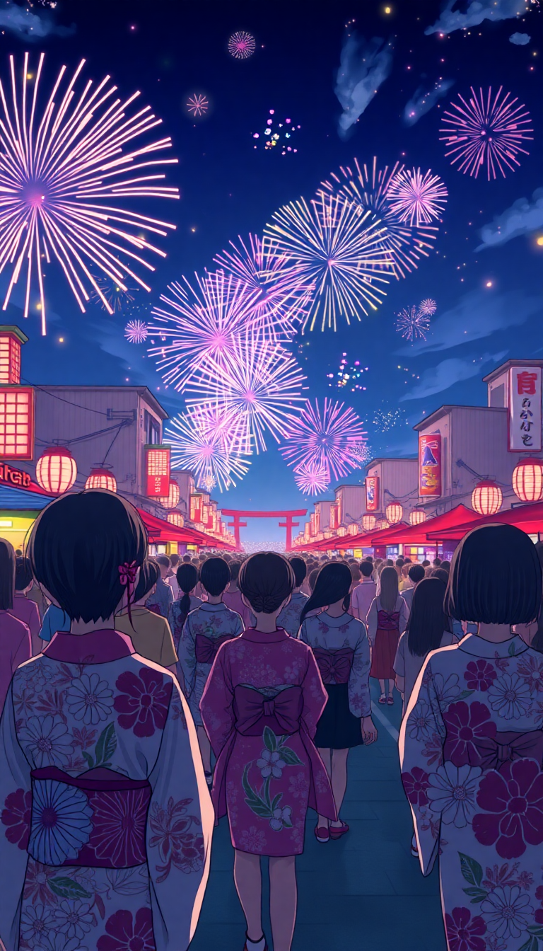 Summer Festival Fireworks Yukata Crowd Anime Anime Original Wallpaper