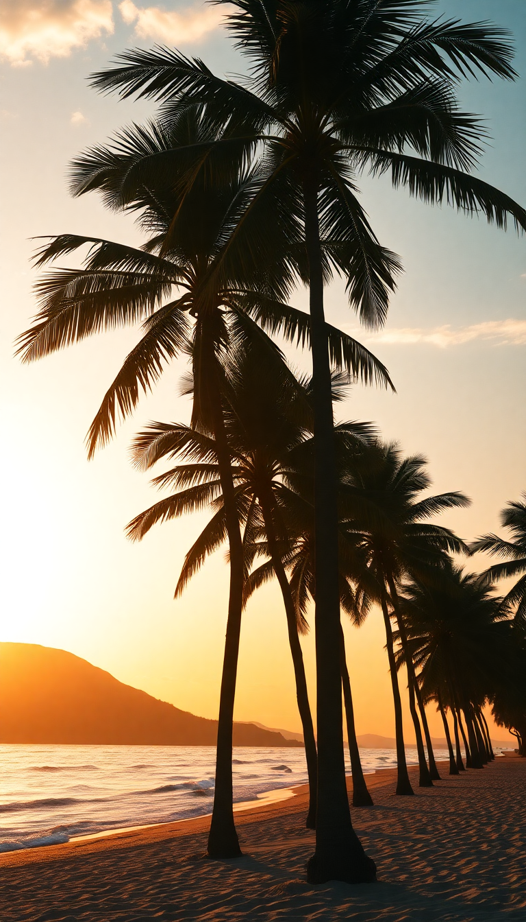 Exquisite Palm Silhouette Beach Sunset Photorealistic Wallpaper