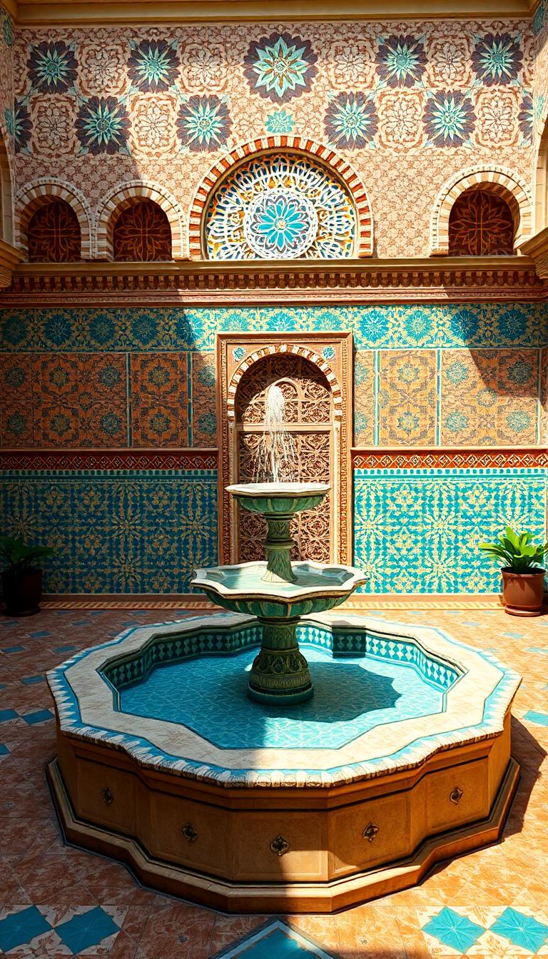 Wild Mosaic Fountain Tiles Courtyard Photorealistic Wallpaper