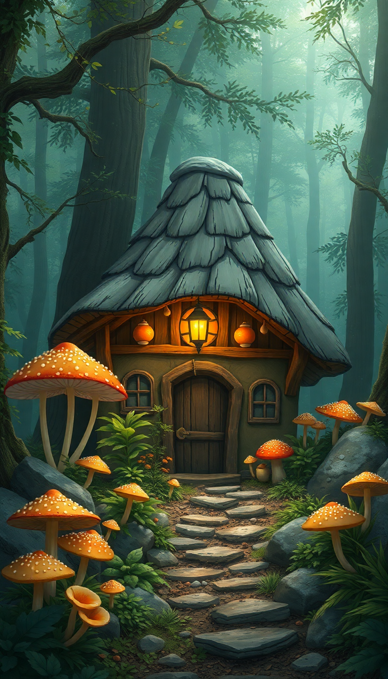 Witch Cottage In Forest Mushrooms Anime Wallpaper