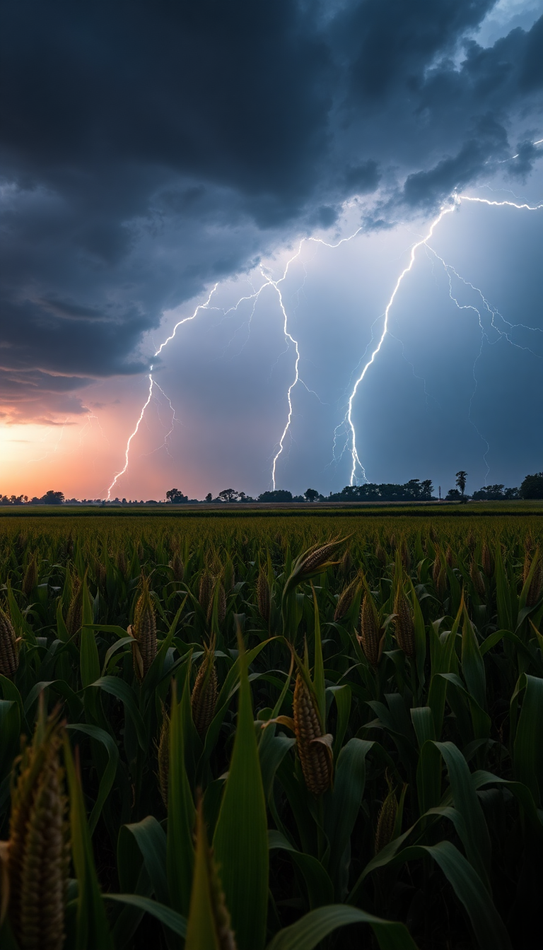 Summer Thunderstorm Lightning Over Cornfield Photorealistic Wallpaper