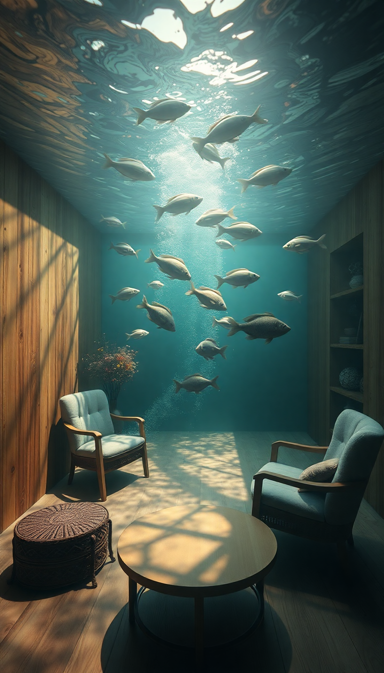 Room Underwater Furniture Floating Fish Swimming Digital art Enhanced Wallpaper
