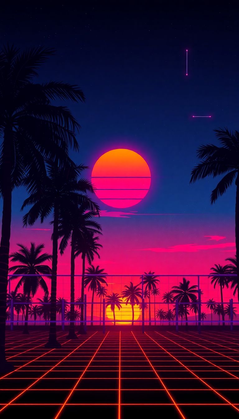 Golden 80s Grid Palm Neon Digital art Wallpaper