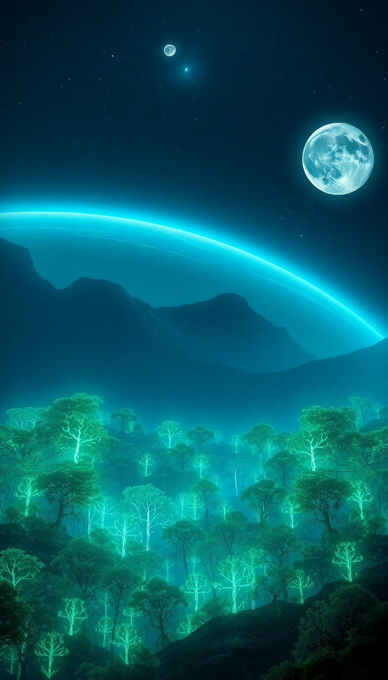 Bioluminescent Alien Forest Distant Planet With Digital art Pro Wallpaper