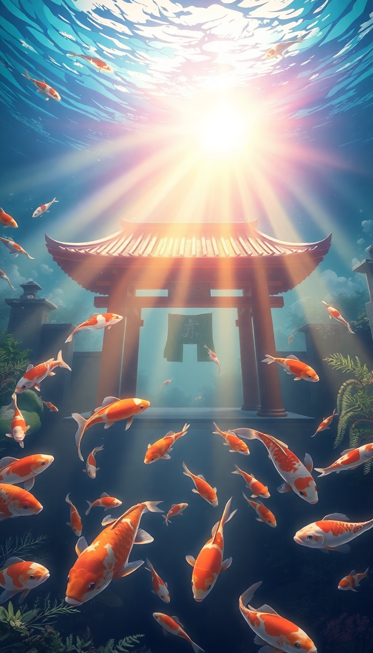 Deep Shrine Koi Fish Swimming Anime Wallpaper