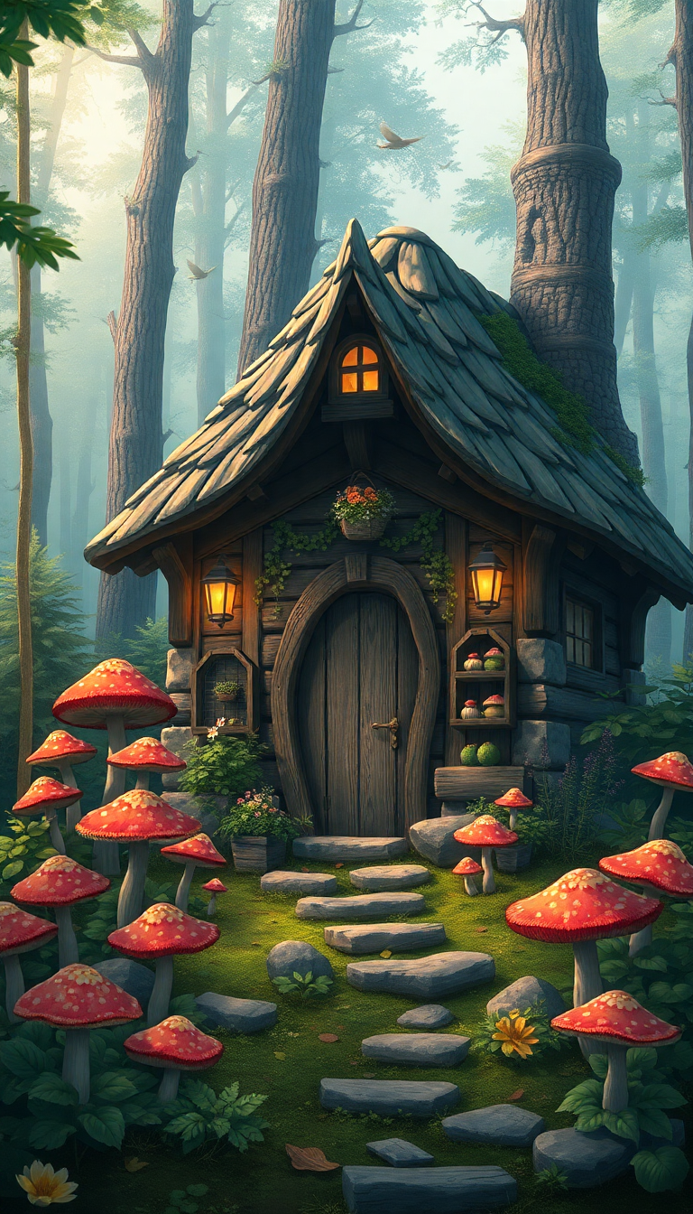 Cool Cottage In Forest Mushrooms Anime Wallpaper