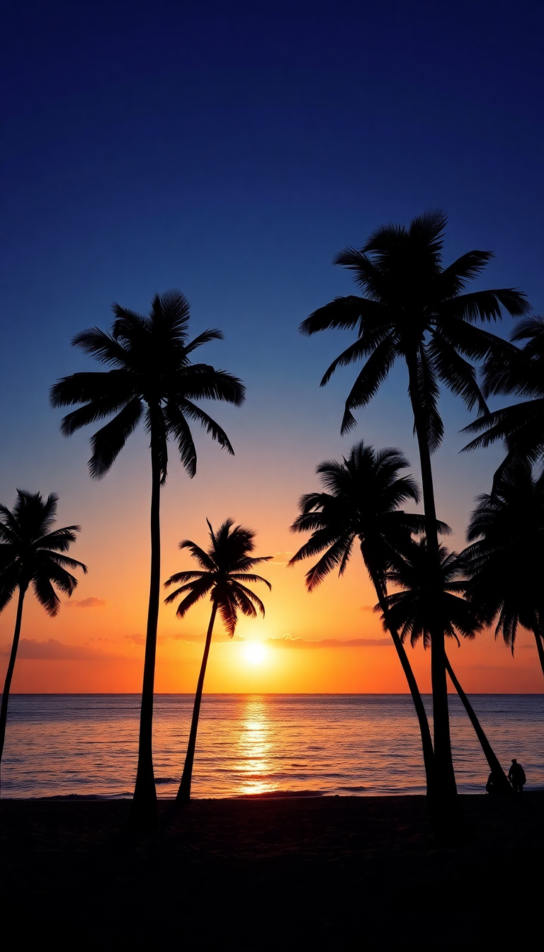 Striking Palm Silhouette Beach Sunset Photorealistic Wallpaper