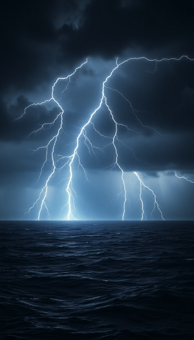 Ethereal Lightning Storm Over Dark Ocean Wallpaper