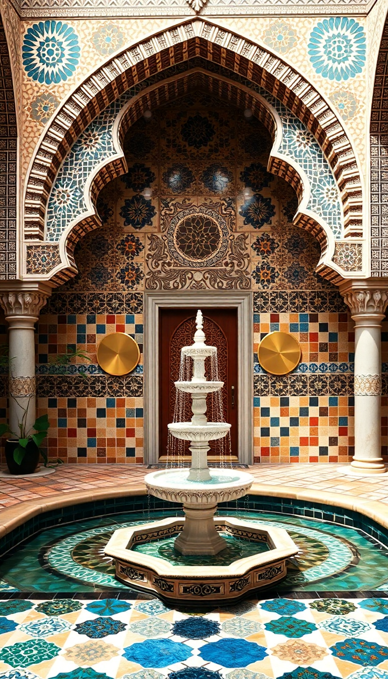 Vintage Courtyard Tiles Fountain Mosaic Patterns Wallpaper