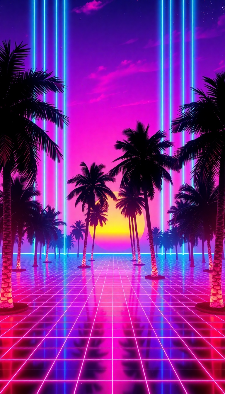 Digital art Minimalist Synthwave Grid Sunset Wallpaper