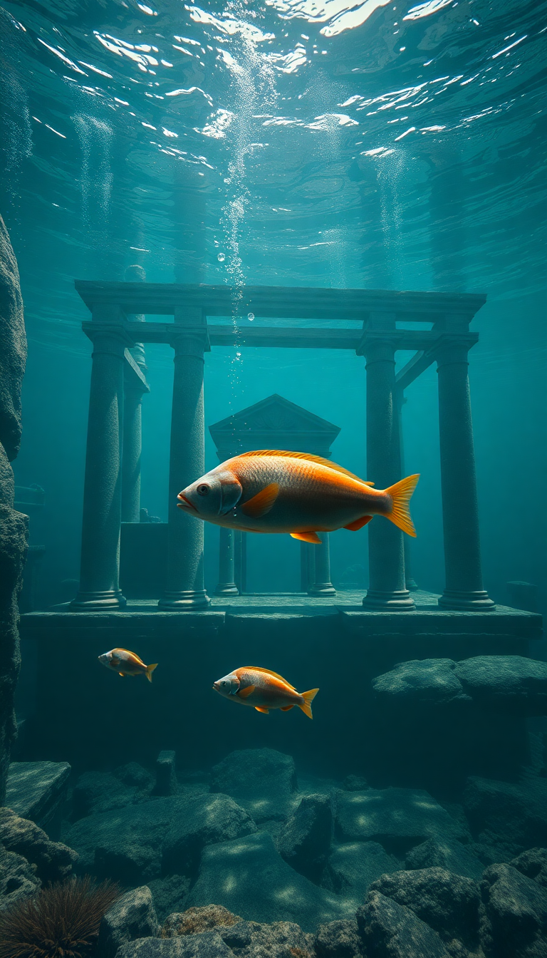 Sunken Ancient Temple Fish Swimming Digital art Wallpaper