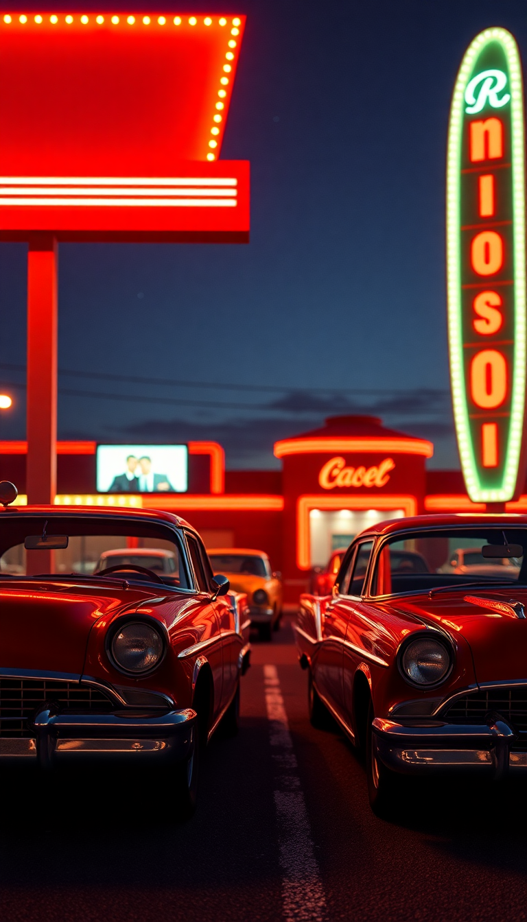 Drive-in Movie Theater Night Classic Photorealistic Wallpaper