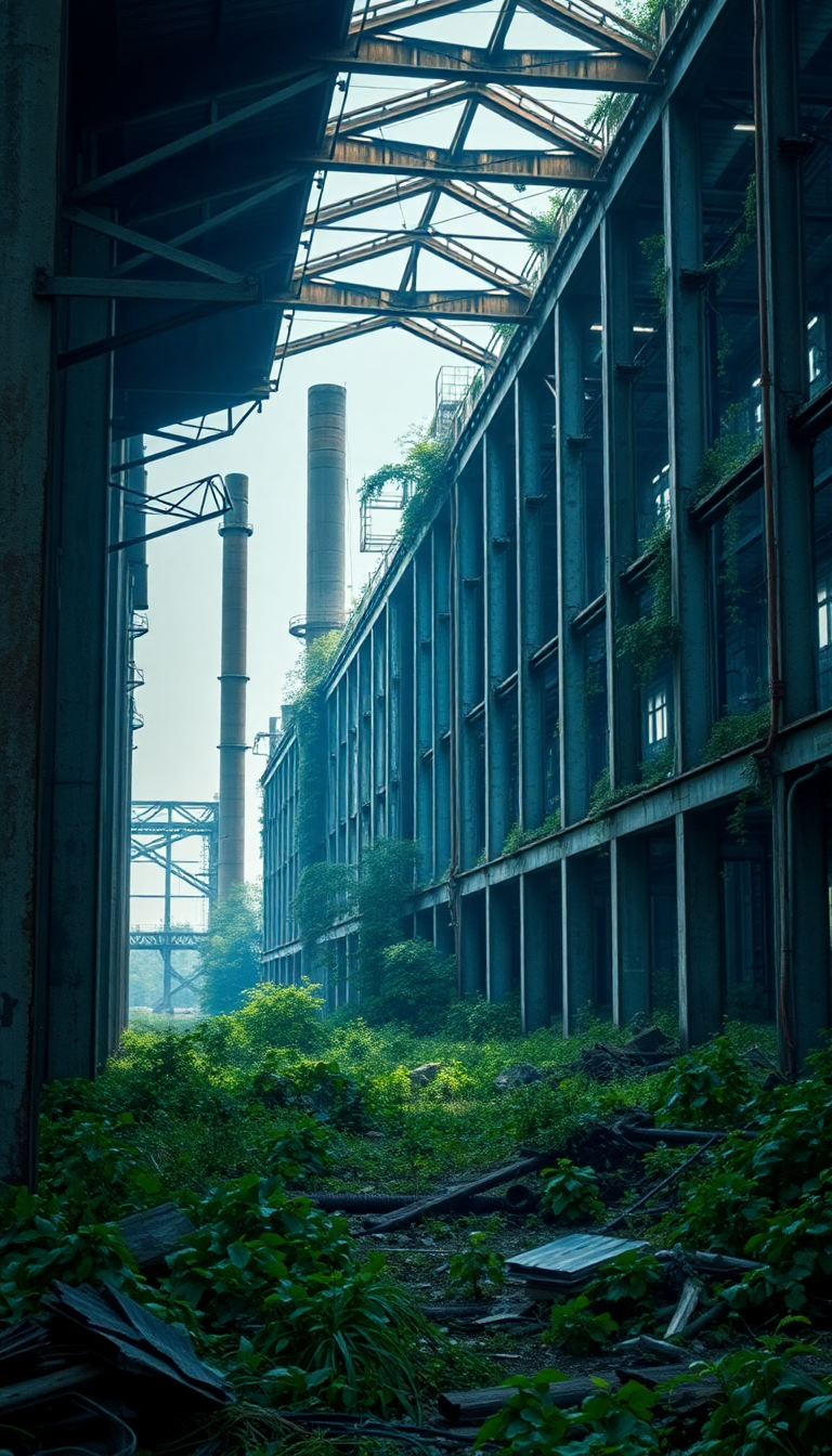 Abandoned Factory Nature Reclaiming Industrial Photorealistic Wallpaper