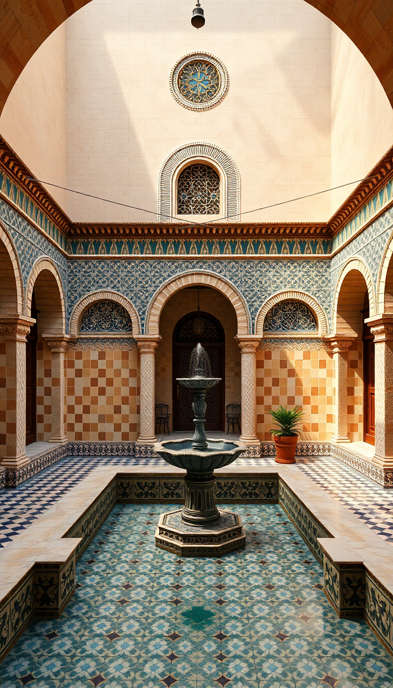 Moroccan Courtyard Tiles Fountain Mosaic Photorealistic Wallpaper