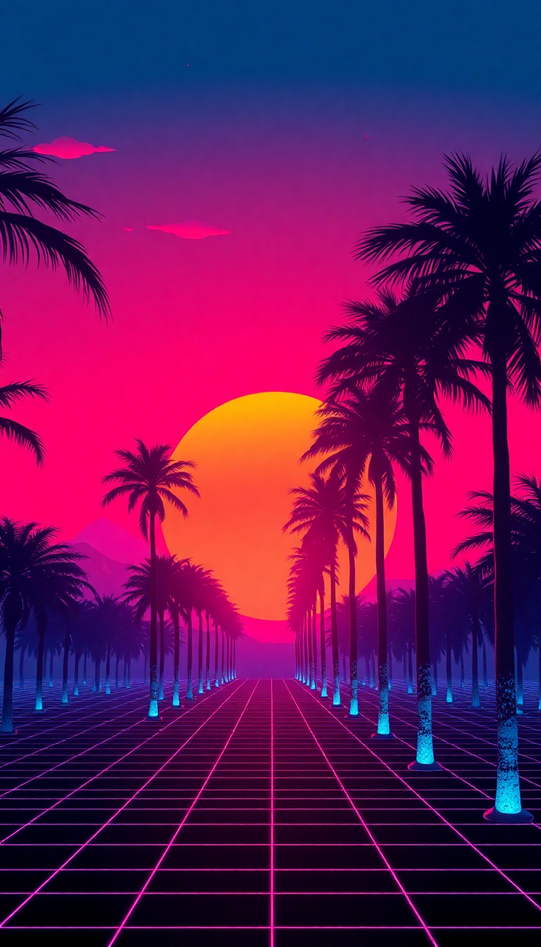 80s Synthwave Grid Sunset Palm Digital art Wallpaper