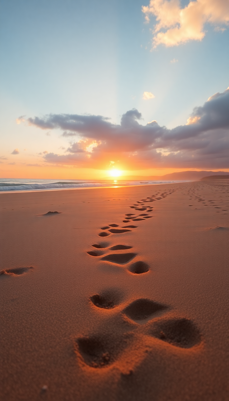 Summer Beach Golden Hour Footprints Photorealistic Wallpaper