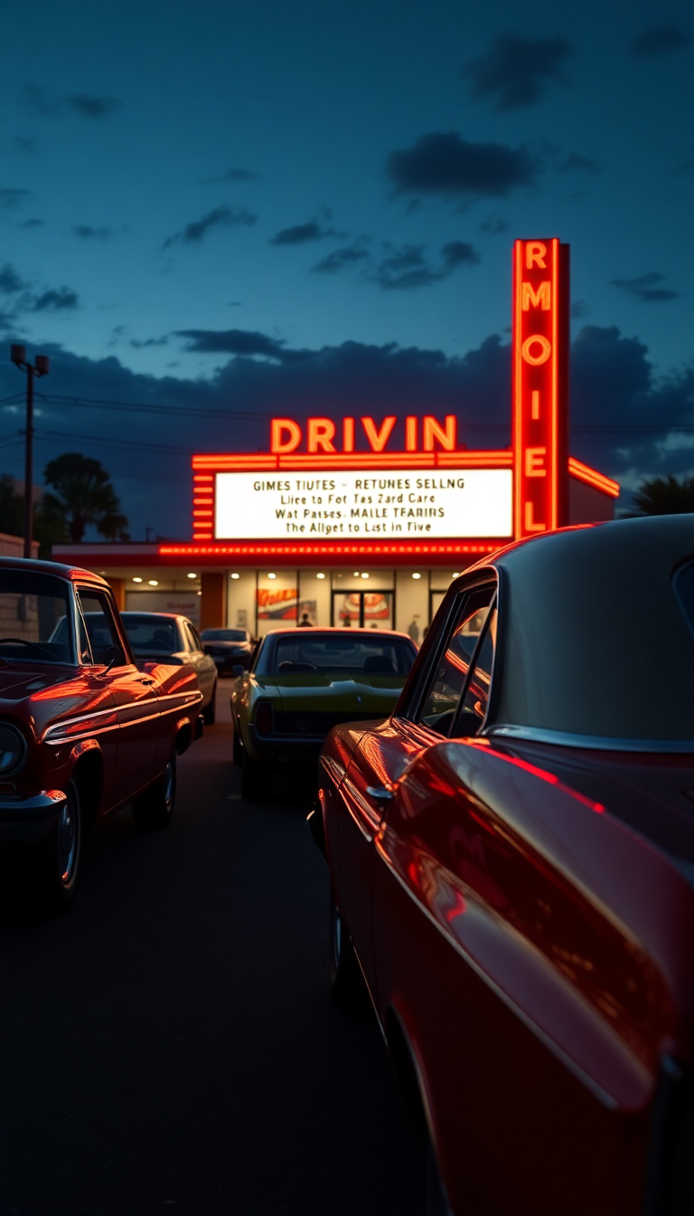 Drive-in Movie Theater Night Classic Photorealistic Wallpaper