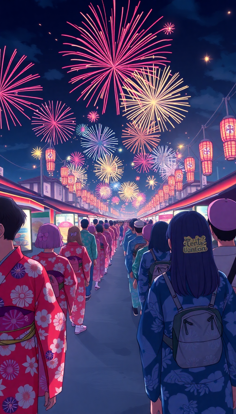 Anime Vibrant Summer Festival Fireworks Wallpaper