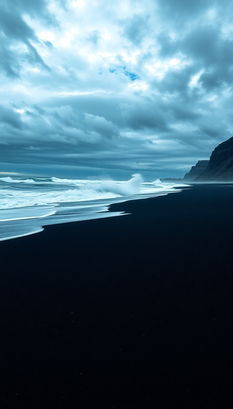 Tranquil Black Sand Beach Waves Photorealistic Wallpaper