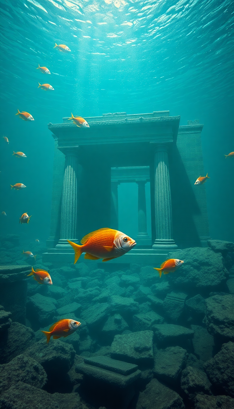 Temple Fish Swimming Ruins Fantasy Deluxe Wallpaper