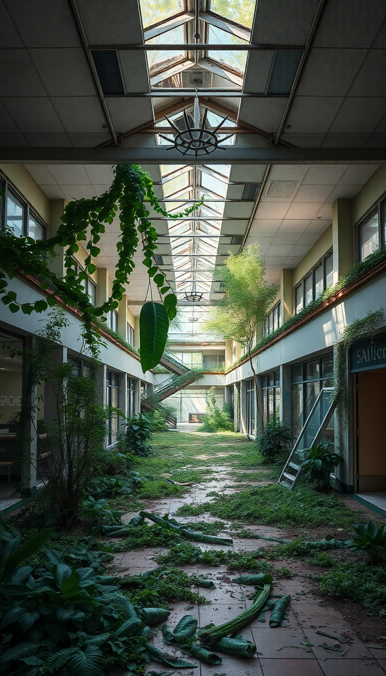 Abandoned Shopping Mall Nature Reclaiming Overgrown Photorealistic Deluxe Wallpaper