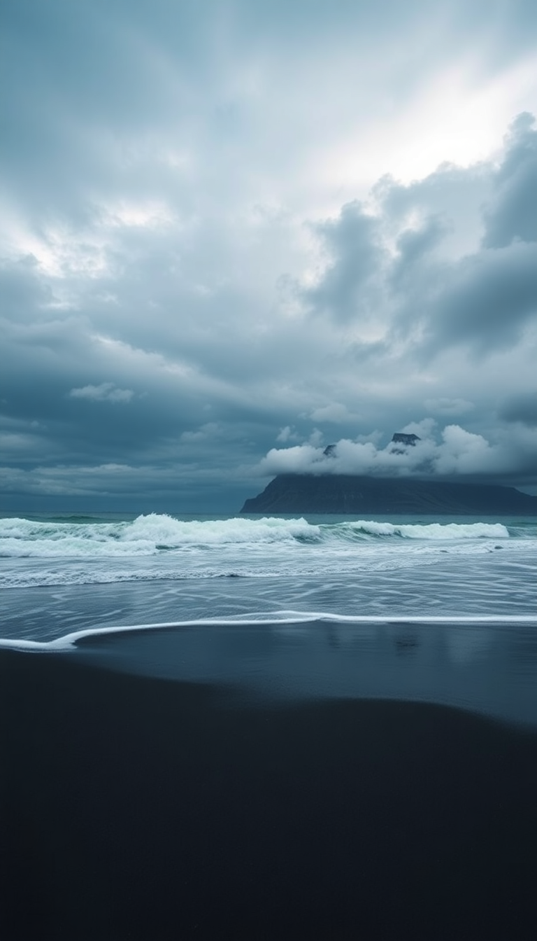 Icelandic Black Sand Beach Waves Crashing Photorealistic HD Wallpaper